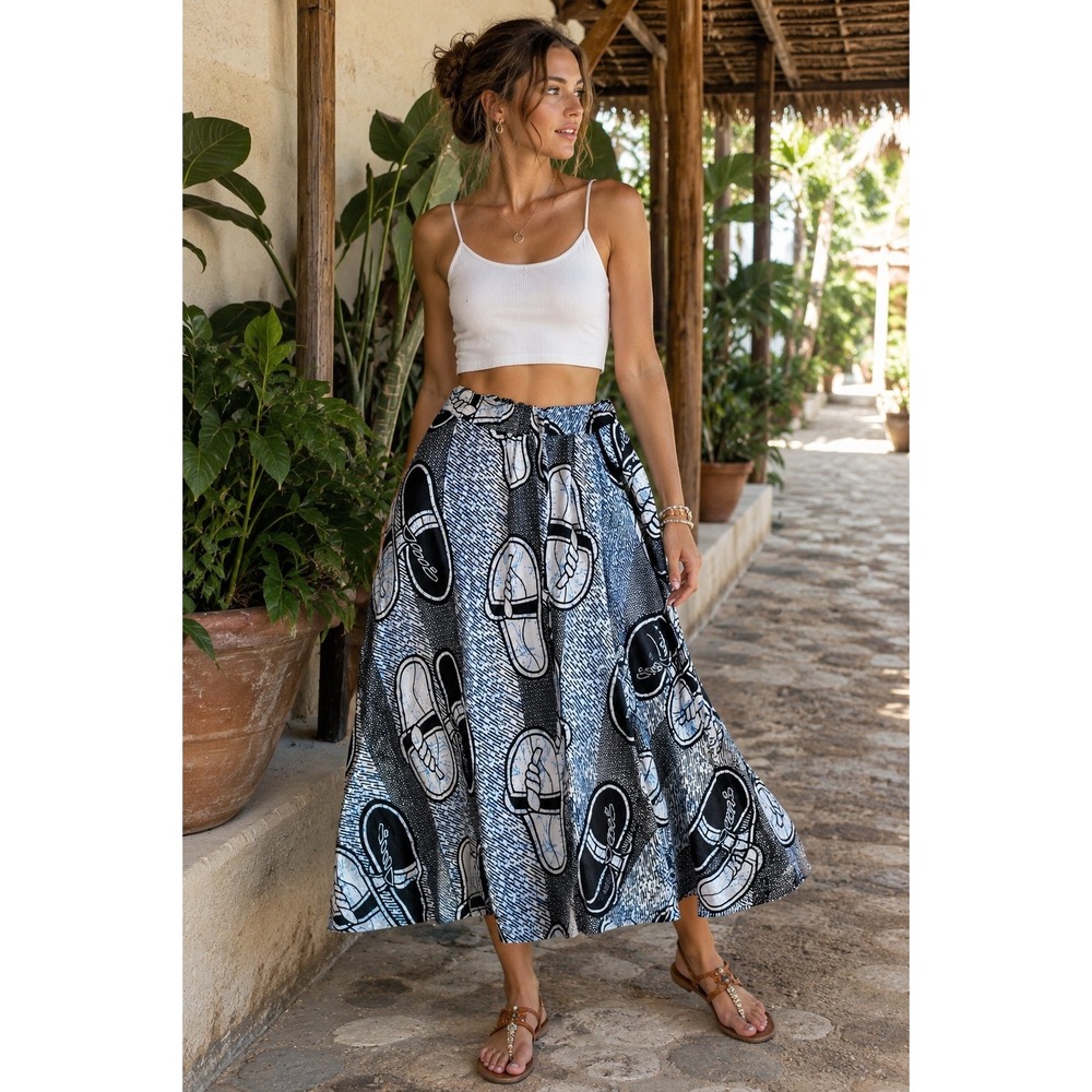 Advance Apparels‎ Free Size Maxi Skirt India Cotton Flip Flop Print Boho Blue